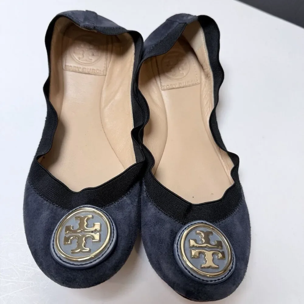 Tory Burch Caroline Ballet Flats Navy Blue Suede Gold Logo Leather Size 5.5